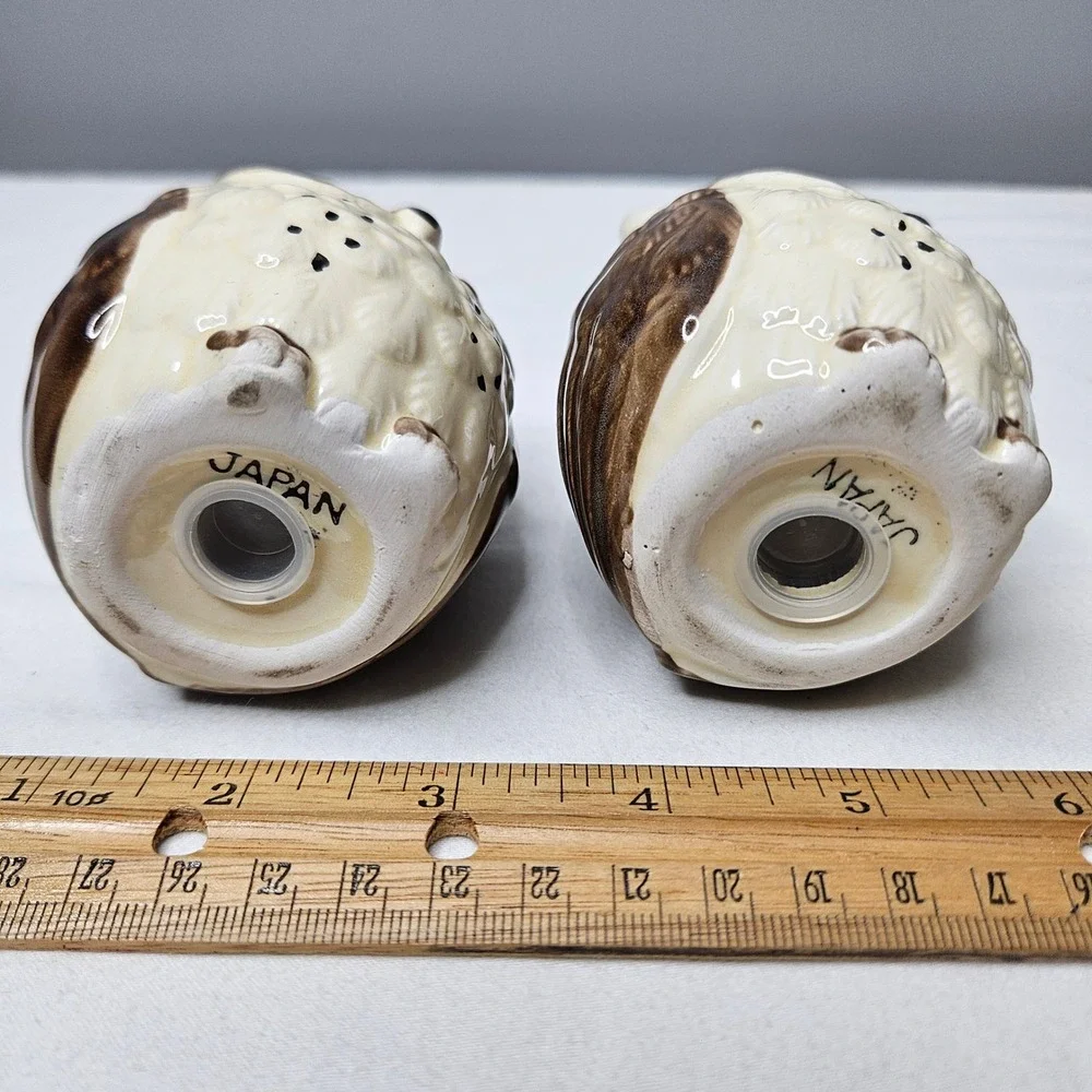 Vtg Owl Salt and Pepper Shakers Set Ceramic Japan Brown White Mid Century Modern